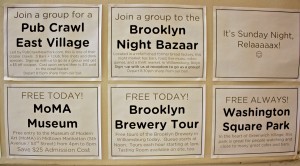 Bulletin board listing hostel events and free things to do around NYC. The Local Hostels, LIC, New York.