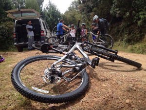 Unloading gear for our downhill mountain biking tour