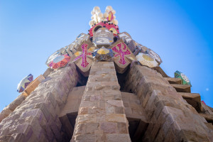 Looking up at a spire of La Sagrada Familia